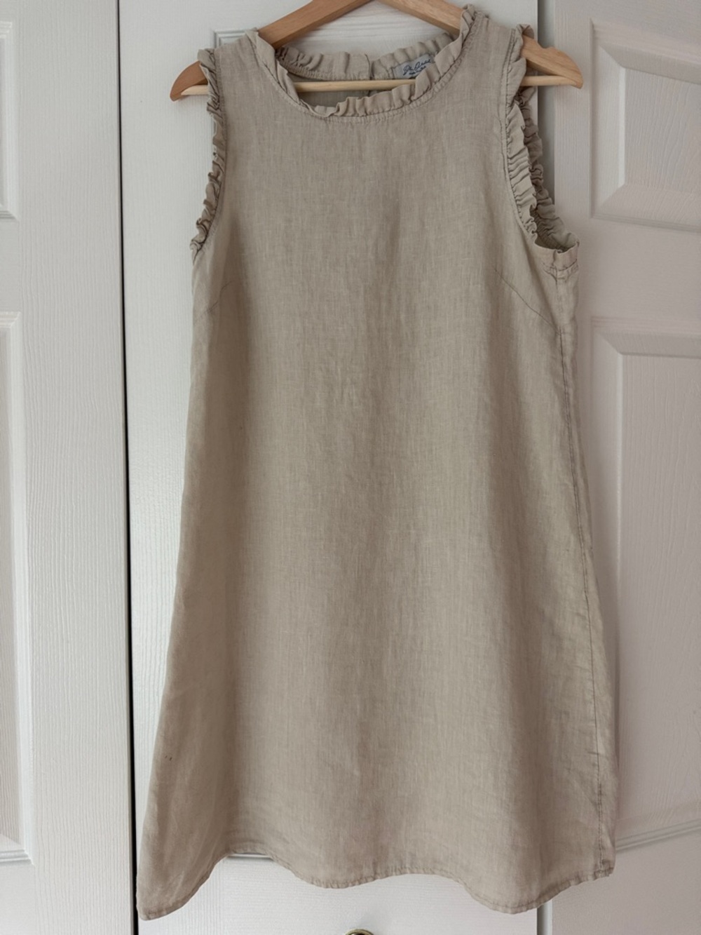 Blu Orchid Sleeveless Ruffle Trim Linen Shift Dress, Size Small, Made in Italy